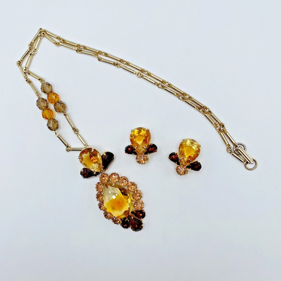 Vintage Givre Bi Color Glass Rhinestone Necklace Earrings Set High Quality Demi - Picture 2 of 16